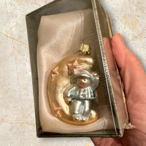 Angel on Moon BLUE Ornament Vintage handblown, mercury glass, handpainted Xmas